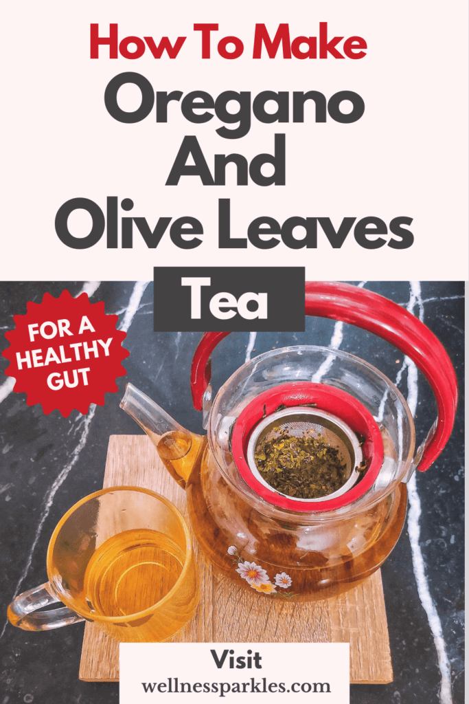 tea pot and mug with oregano and olive tree leaves tea for healthy gut